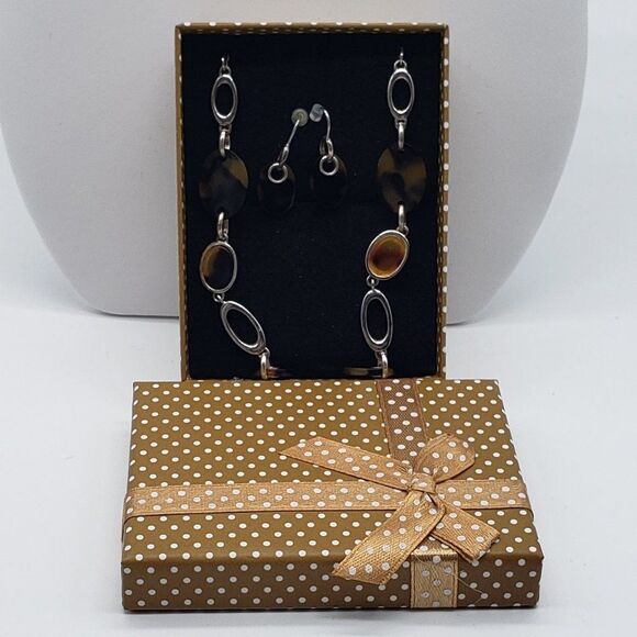 Vintage Costume Tigers Eye Tear Drop Necklace Earring Set & Black Gold Bracelet - Picture 2 of 13